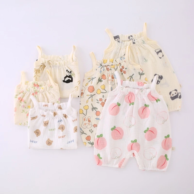 【粉丝专享】婴儿吊带哈衣夏季薄款无骨背心纱布宝宝连体空调服睡衣