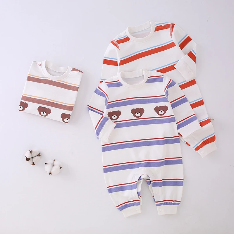 新生婴儿连体衣春秋季衣服新生儿优可丝无骨条纹哈衣男女宝宝爬服