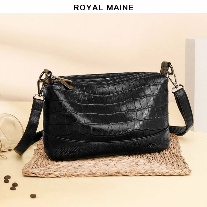 RoyalMaine皇家时尚女包压纹软牛皮多隔层斜挎包休闲百搭真皮妈妈