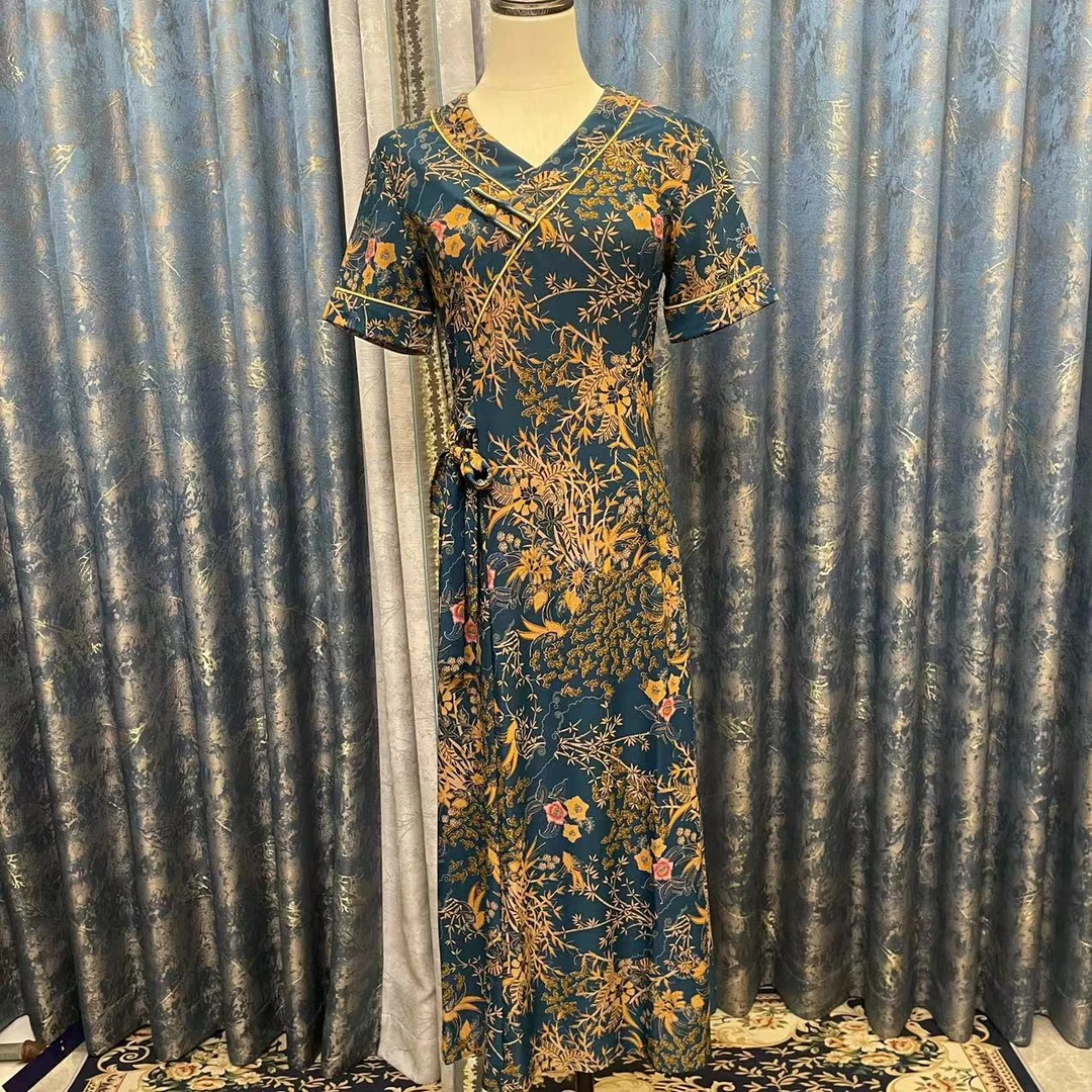 5252---旗袍V领（蓝色）--国风显瘦气质网红时尚夏季复古ins