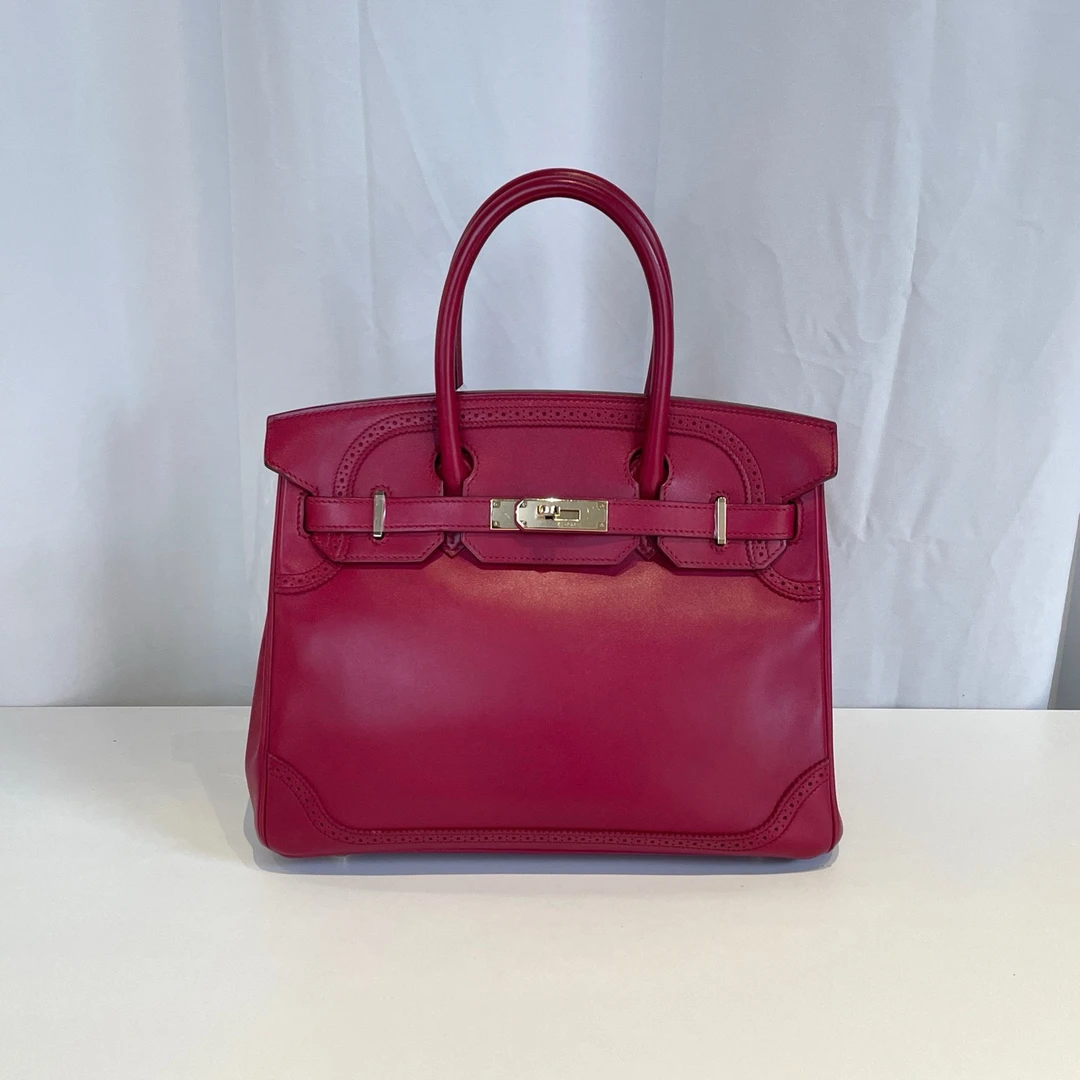 95新 Hermes/爱马仕 Birkin30宝石红蕾丝款框P刻手提包锁钥匙皮牌