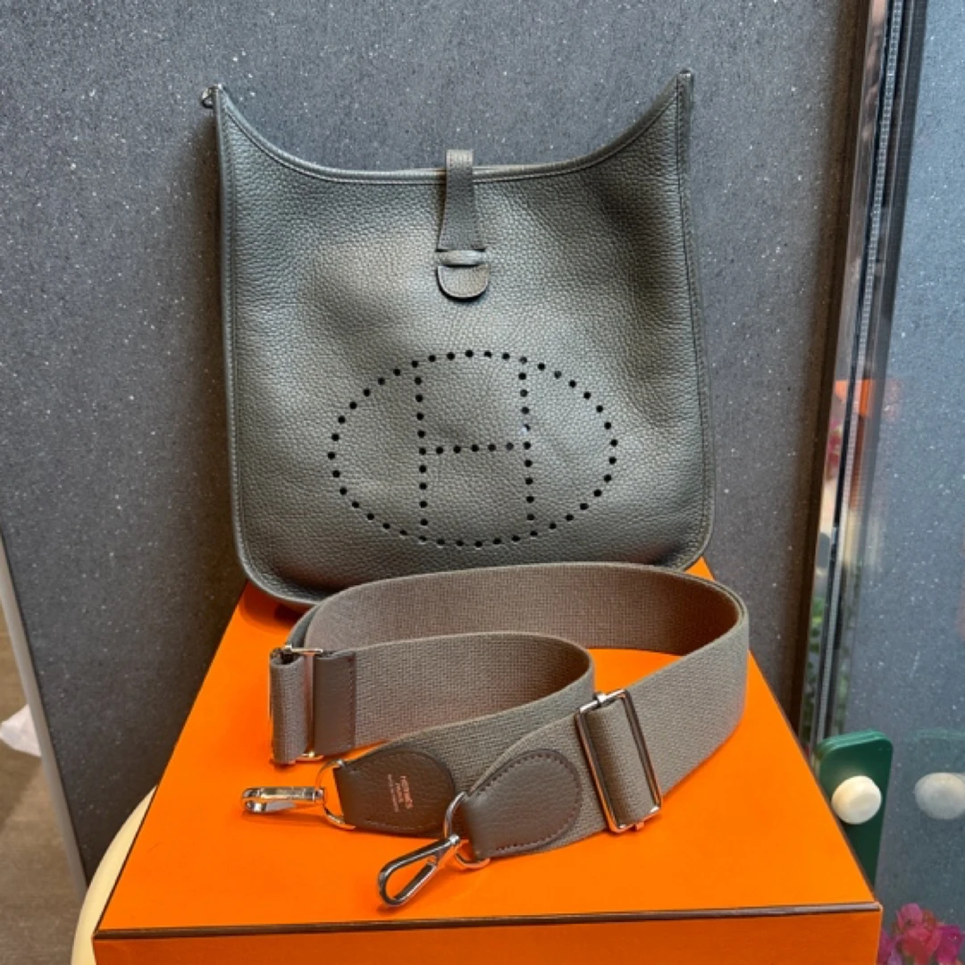 99新 Hermes/爱马仕 大全套evelyne 29 灰绿色 Z刻 单肩包