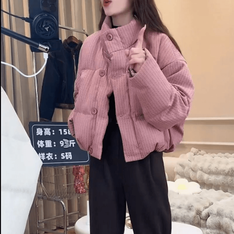 韩版竖条纹羽绒外套女冬季新款设计感小众立领气质宽松加厚羽绒服
