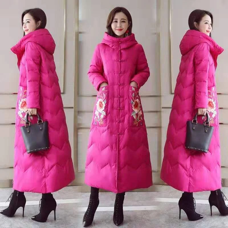 民族风羽绒棉服女中长款2022新款刺绣过膝棉袄中国风棉衣加厚冬装