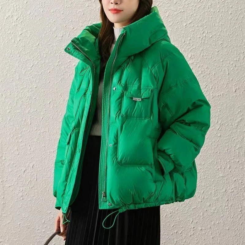 克莱因蓝白鸭绒羽绒服女短款连帽小个子2023新款韩版简约百搭外套