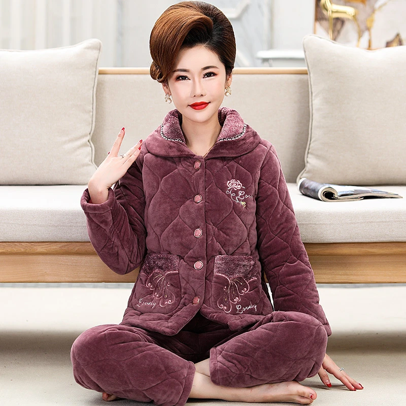 春秋季中老年人睡衣女贝贝绒夹棉长袖开衫休闲家居服套装莫代尔