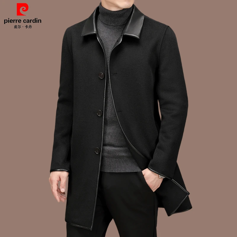 皮尔卡丹高档商务男士羊毛大衣双面呢翻领中长款冬季中年上衣外套