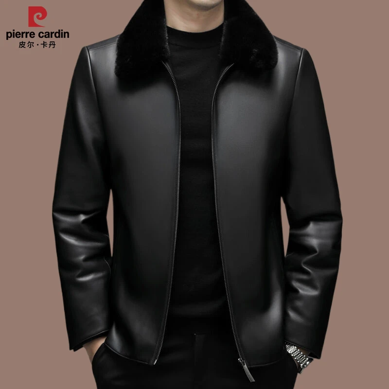 皮尔卡丹真皮男士皮衣冬季绵羊皮夹克狐狸毛领男装白鸭绒水貂外套
