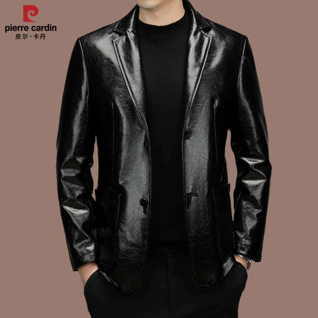 皮尔卡丹国际大牌男士高档绵羊皮西服外套商务皮衣内胆白鹅绒西装