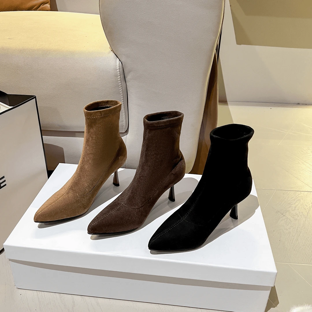 2024年秋冬新款尖头绒面短靴时尚简约款细跟高跟气质百搭款瘦瘦靴
