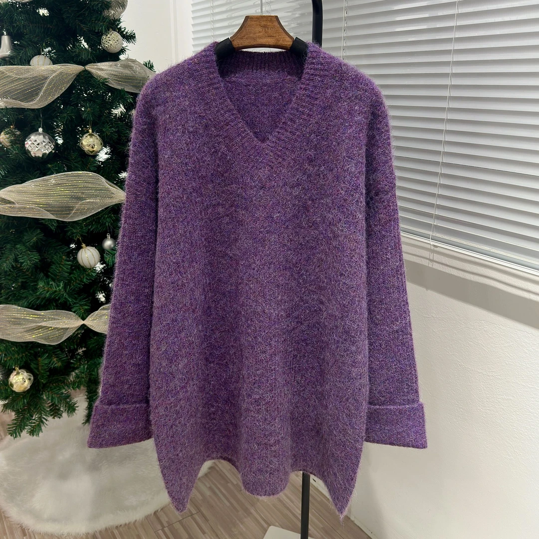 【情迷紫雾】韵味*元宝针复古慵懒宽松设计感v领加厚中长款毛衣
