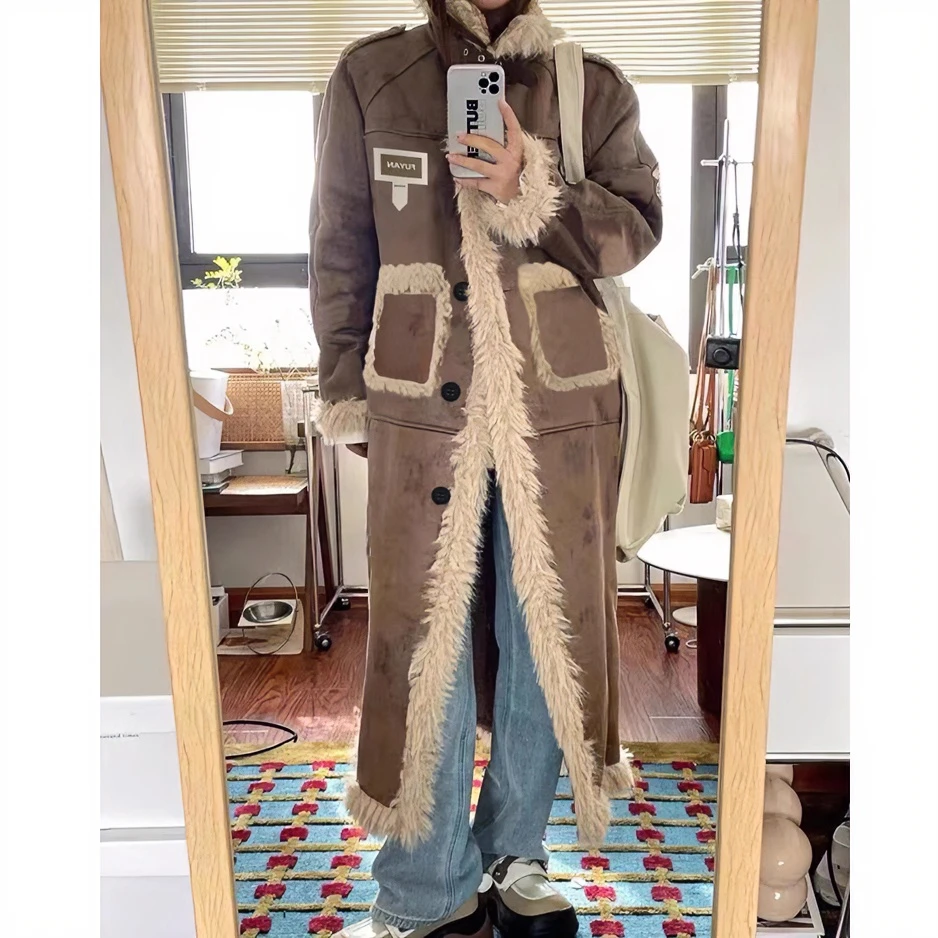 国潮皮毛一体外套女冬季新款加厚长款棉服美式复古设计感毛毛大衣