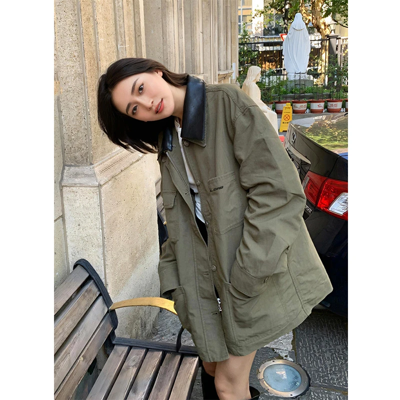 临典绿色棒球服外套女2025春秋季新款美式工装飞行员情侣装夹克