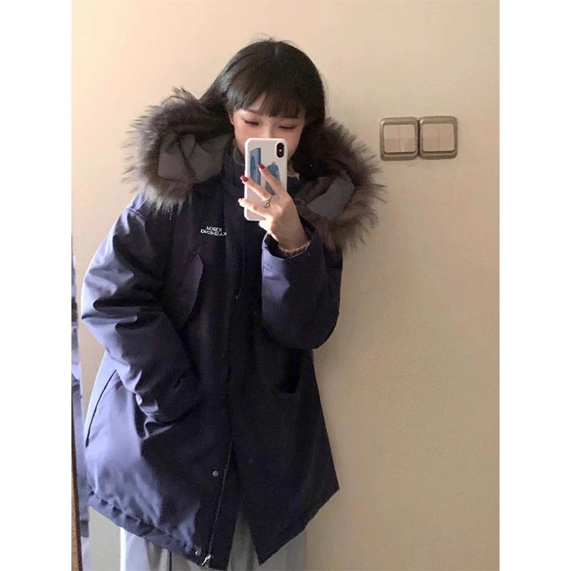 临典蓝色工装派克棉服女冬2024新款小个子中长款大毛领棉衣外套