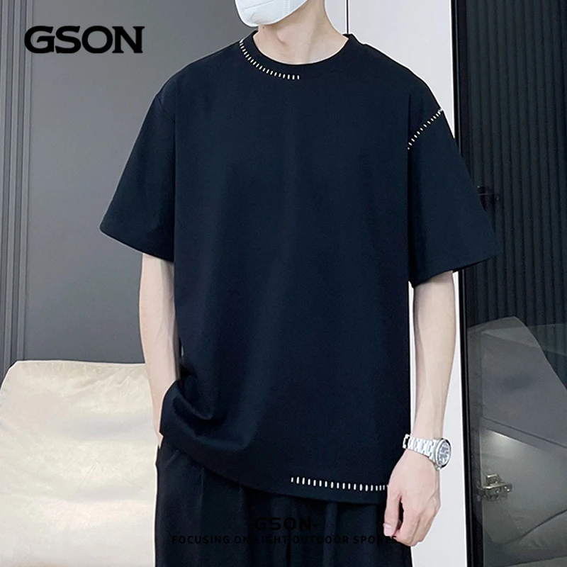GSON2024夏季薄款宽松百搭透气手工穿线T恤男士简约休闲风百搭男