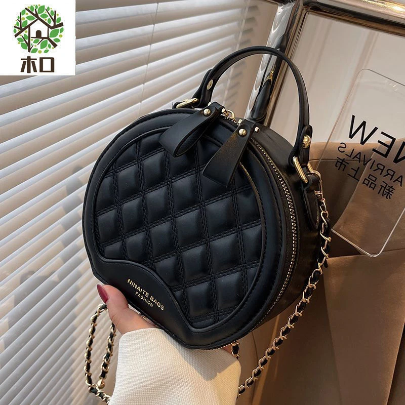 木口法式小众包包女2023年秋冬菱格绣线小圆包高级感手提包斜挎包