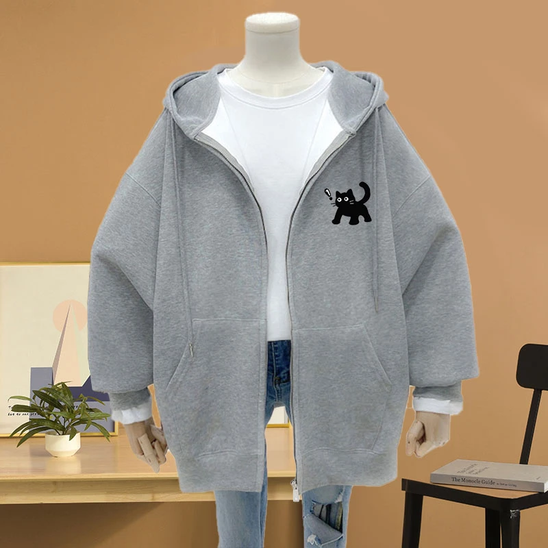 oversize大码宽松胖mm加绒加厚秋冬季拉链卫衣女显瘦百搭连帽外套