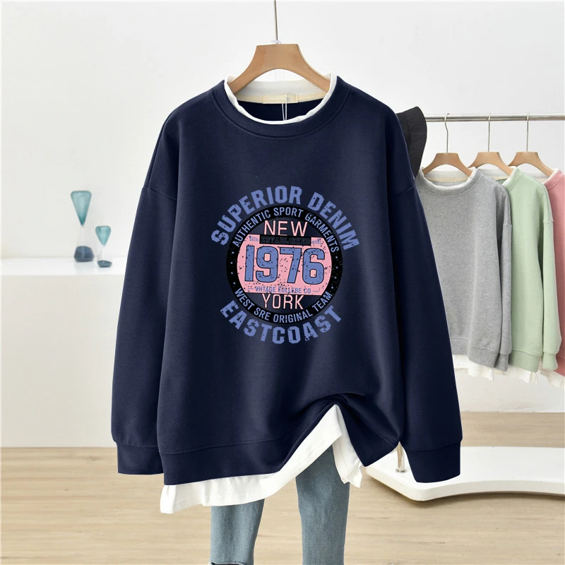 春秋薄款假两件卫衣女宽松oversize慵懒风大码胖mm休闲百搭上衣服