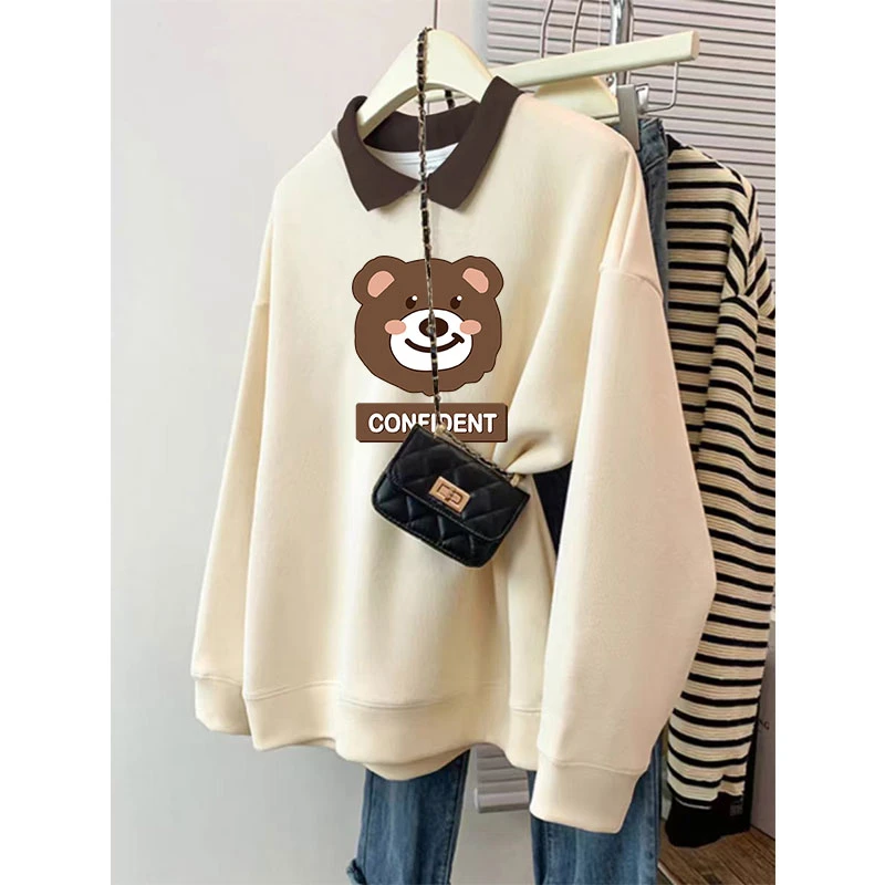 美式复古宽松胖mm秋冬季POLO领加绒卫衣女大码oversize显瘦外套潮