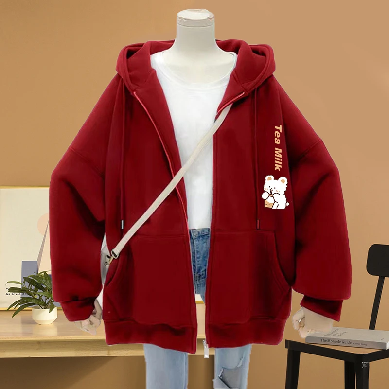 秋冬季加绒加厚连帽开衫卫衣女装大码oversize显瘦遮肚拉链外套潮