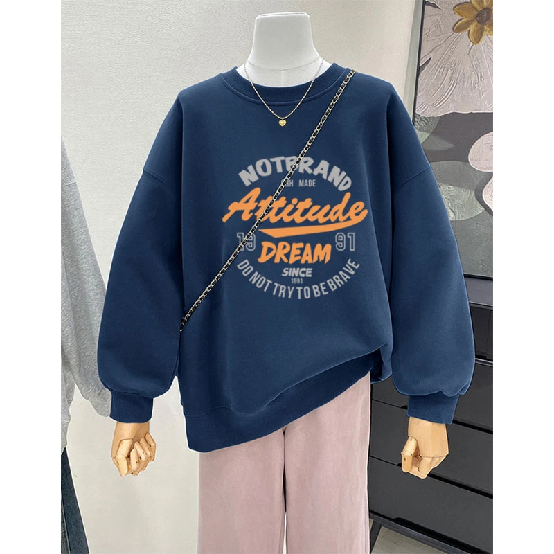 秋冬加绒加厚圆领卫衣女oversize小众设计感大码慵懒风无帽上衣服