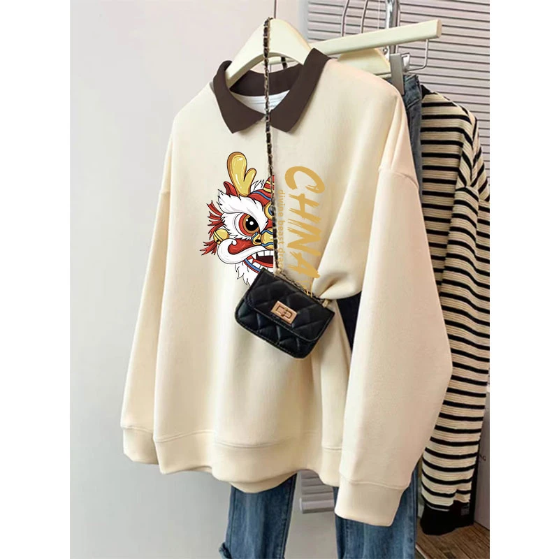 加绒加厚宽松POLO领卫衣女装秋冬季新款大码oversize显瘦外套上衣