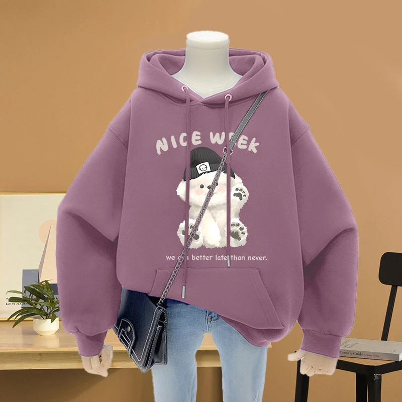 美式复古宽松休闲连帽加绒加厚卫衣女大码胖mm显瘦遮肚外套上衣服