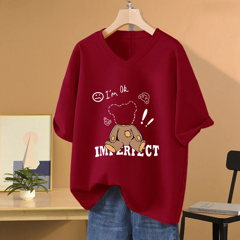 2024年夏季新款宽松胖mm大码V领纯棉短袖t恤女装时尚洋气半袖上衣