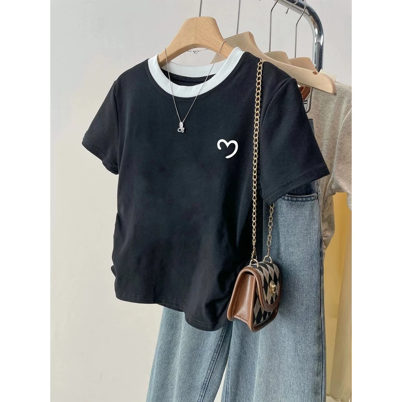 胖mm短袖t恤女夏季设计感小众修身显瘦短款大码正肩褶皱收腰上衣