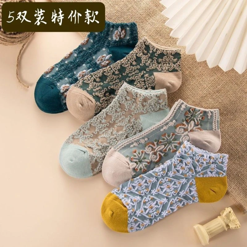 袜子女短袜春秋夏季薄款复古国潮低帮船袜百搭绣花文艺宫廷港风