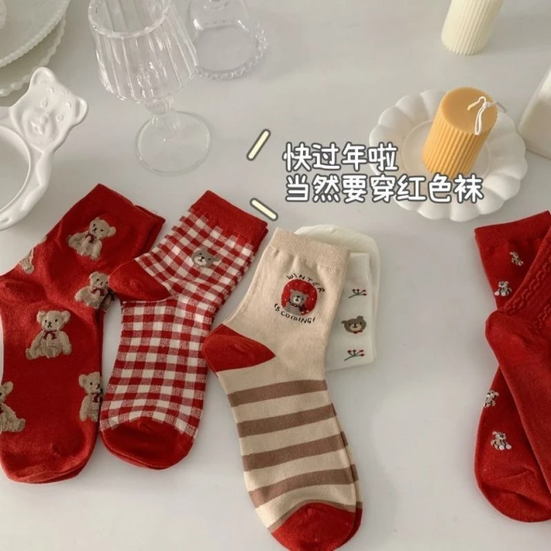 本命年红袜子女中筒袜可爱小熊纯色条纹长筒棉袜可爱日系纯棉潮袜
