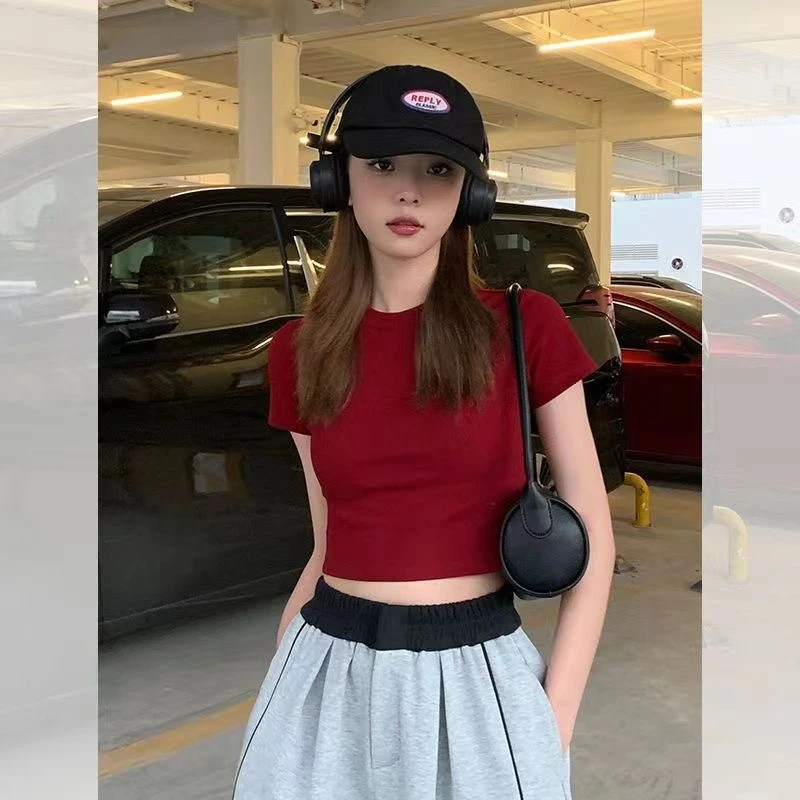 欧美短袖T恤女夏季新款辣妹韩版修身短款露肚脐ins红色上衣潮