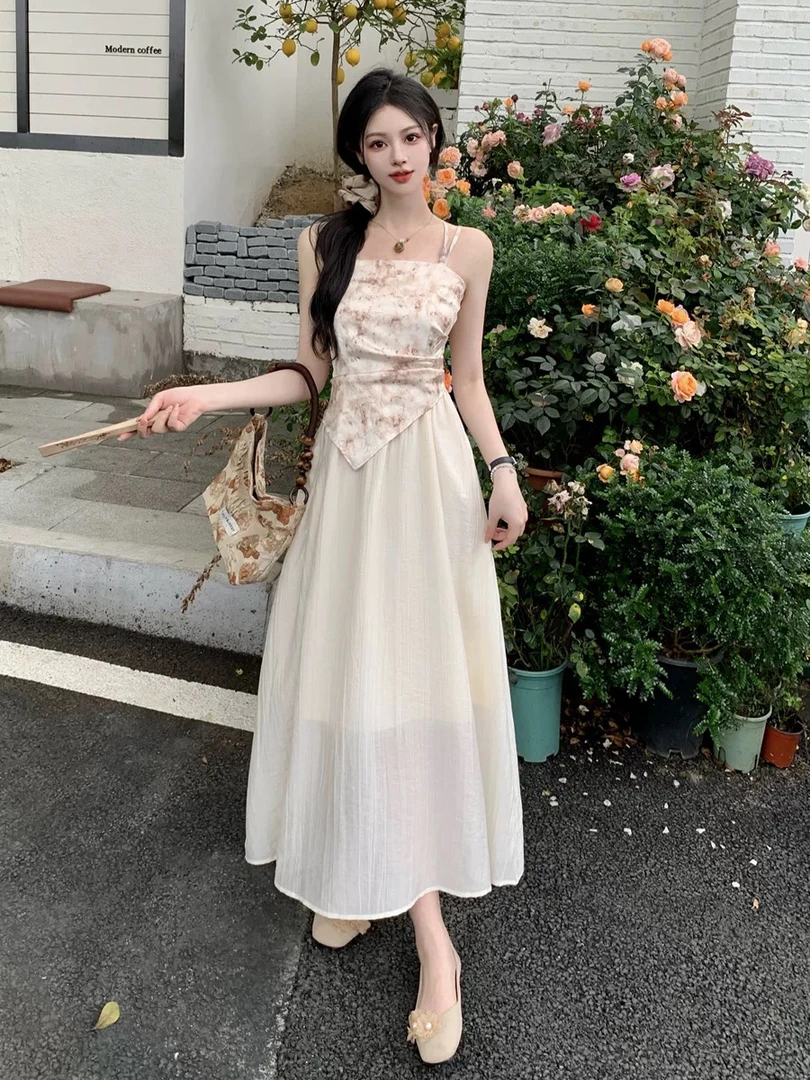 新中式高级感吊带连衣裙两件套