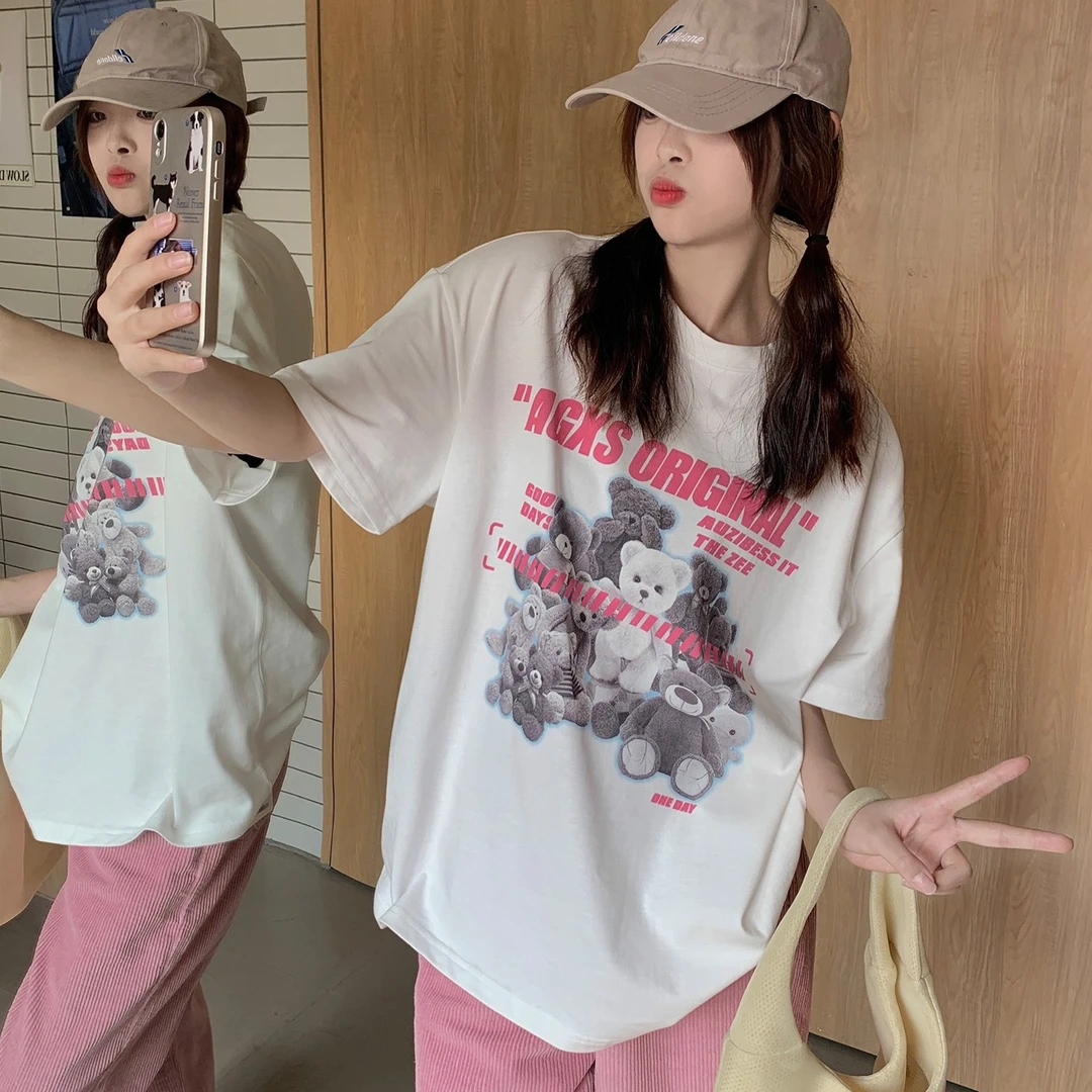 纯棉卡通小熊印花短袖t恤女夏季新款美式复古国潮牌白色半袖上衣