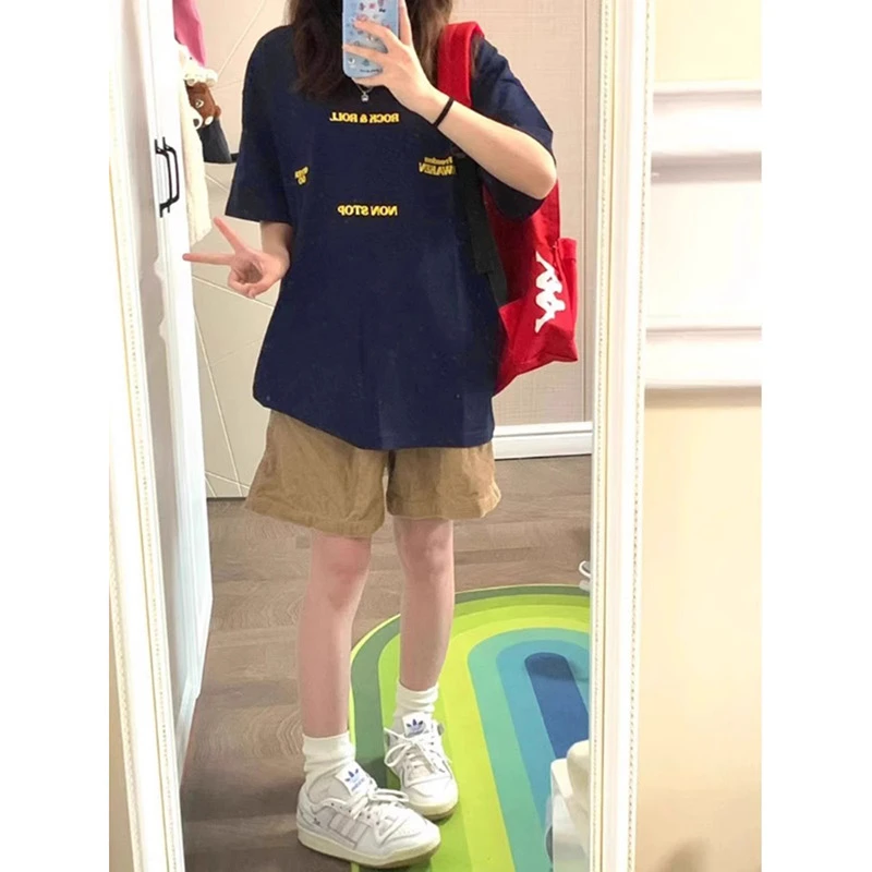 美式复古高街潮牌字母短袖t恤女纯棉夏季宽松chic港味情侣装上衣