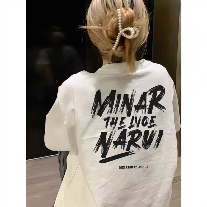 欧货美式复古白色t恤女短袖夏纯棉宽松大版高街休闲印花洋气上衣