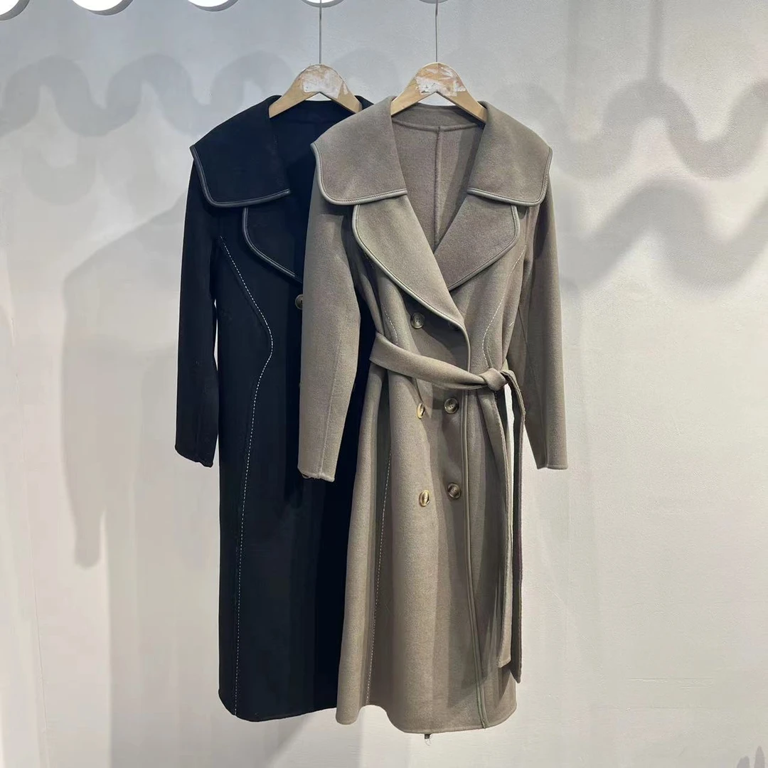 2023秋冬新款气质韩版中长款显瘦女士时尚毛呢双面呢大衣外套7301