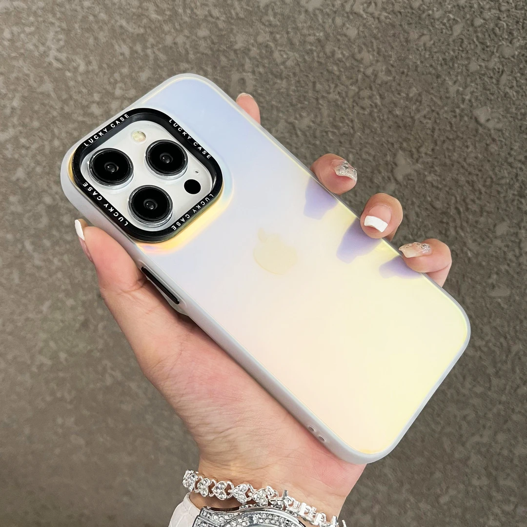 适用苹果/华为/oppo/小米/镭射15手机壳套纯色简约高级感渐变防摔