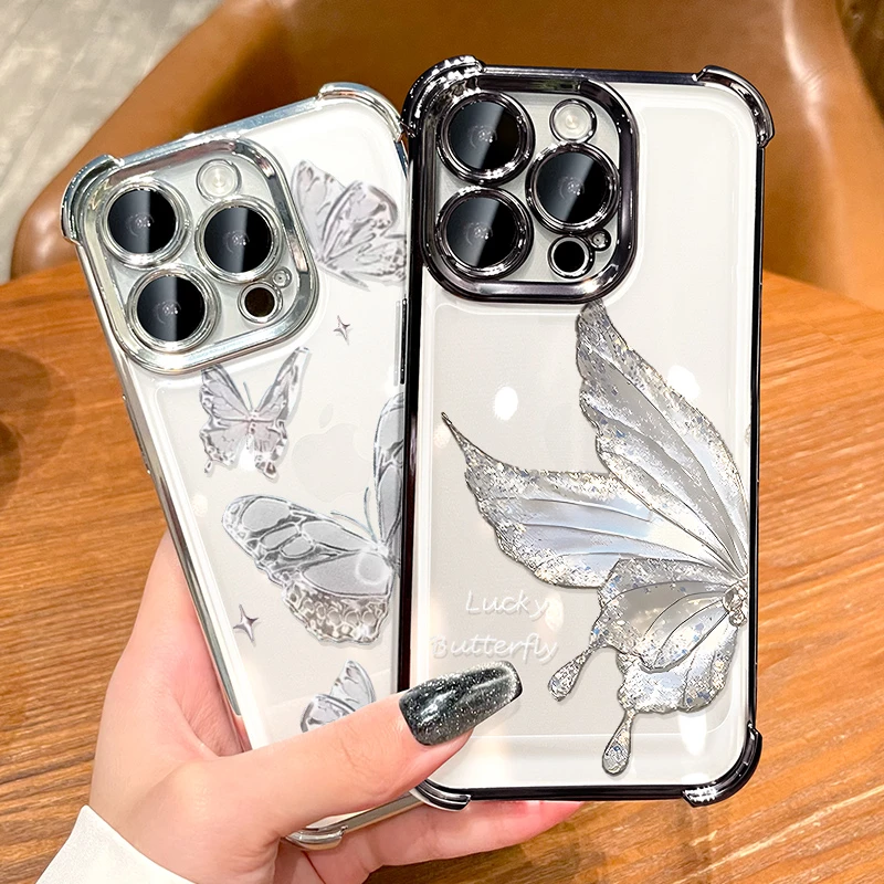 蝴蝶翅膀手机壳适用苹果14pm/15pro/13/12四角气囊透明电镀全包