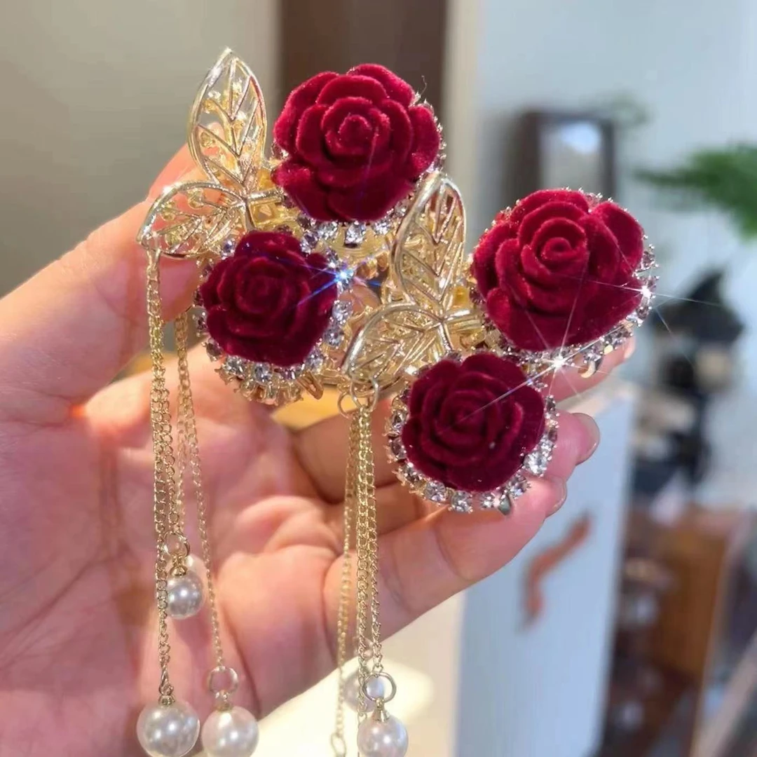 红色玫瑰花樱桃流苏小抓夹后脑勺半扎发顶夹发饰植绒高马尾发夹女