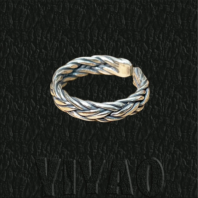 925银戒指 s925银手工编织戒指简约时尚个性复古情侣开口银戒做旧