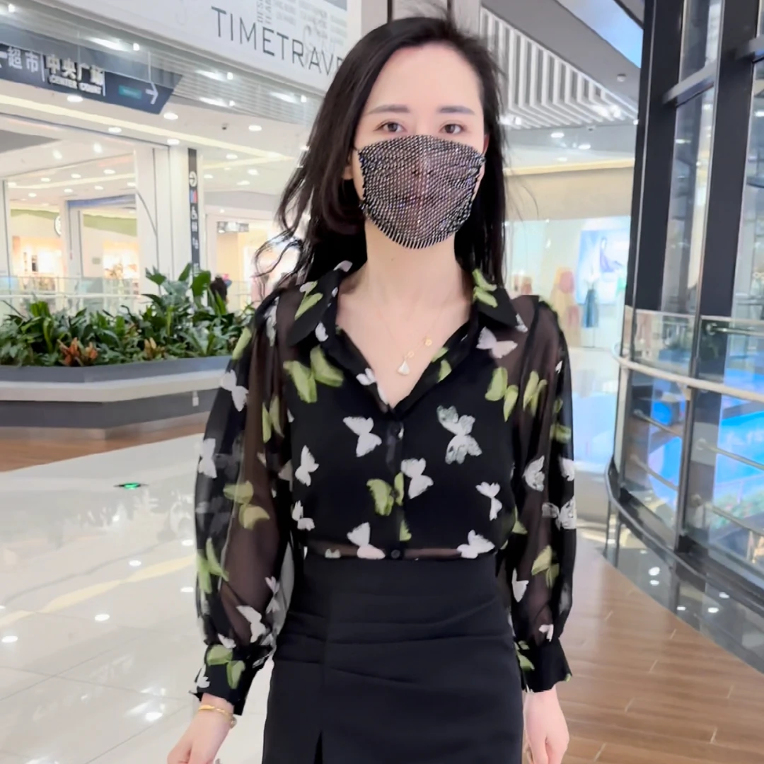 新款设计感碎花时尚气质印花百搭洋气显瘦碎长袖花衬衣衬衫上衣