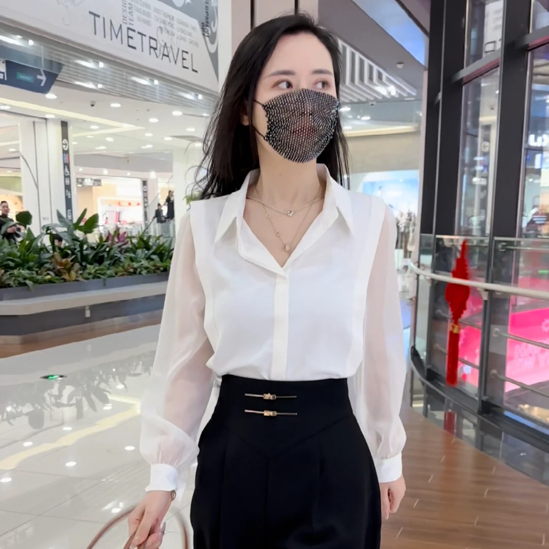 新款长袖气质感设计拼接网纱时尚洋气显瘦衬衫上衣法式小众百搭