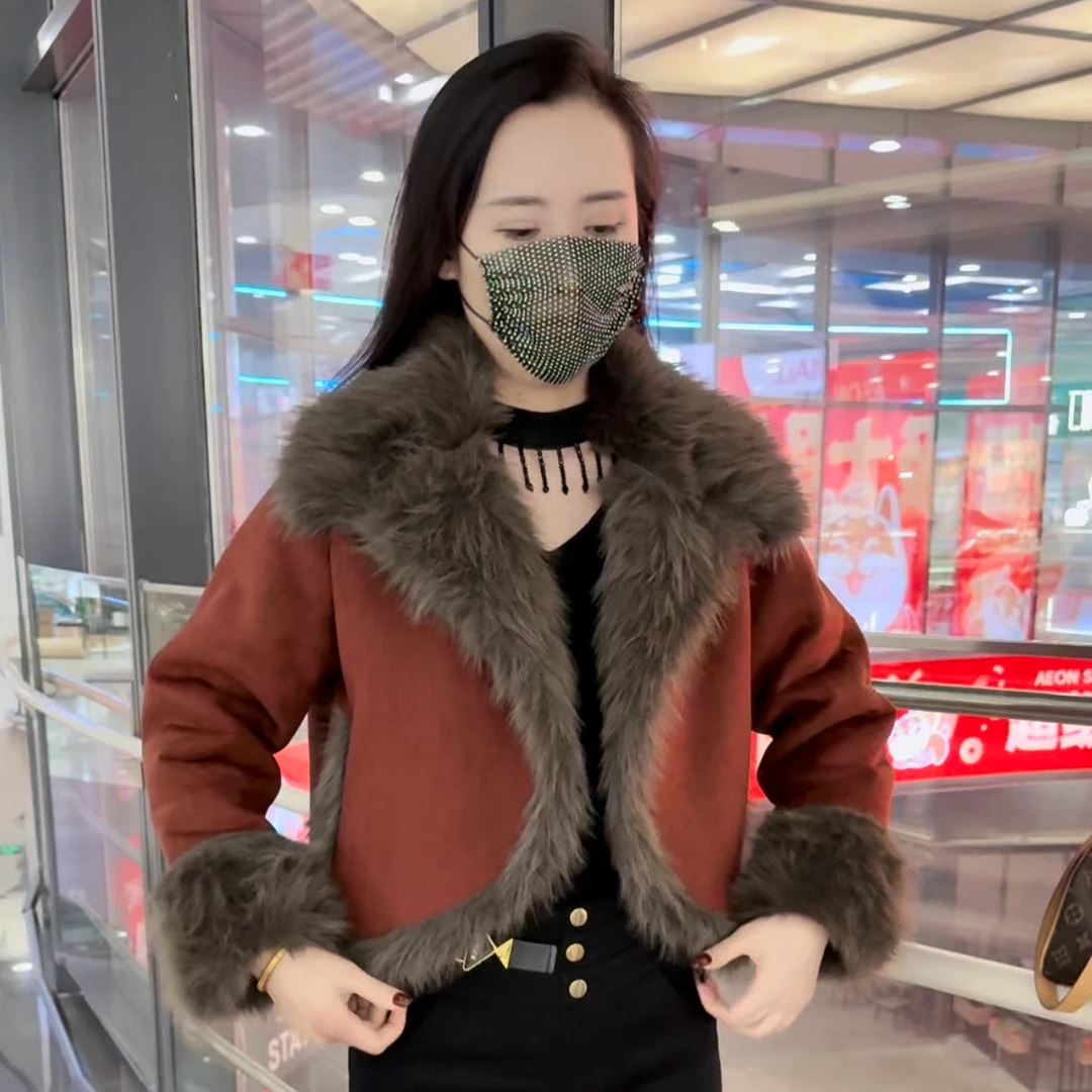 高级感大翻领时尚气质短款冬季加厚皮毛一体毛茸茸加厚外套女