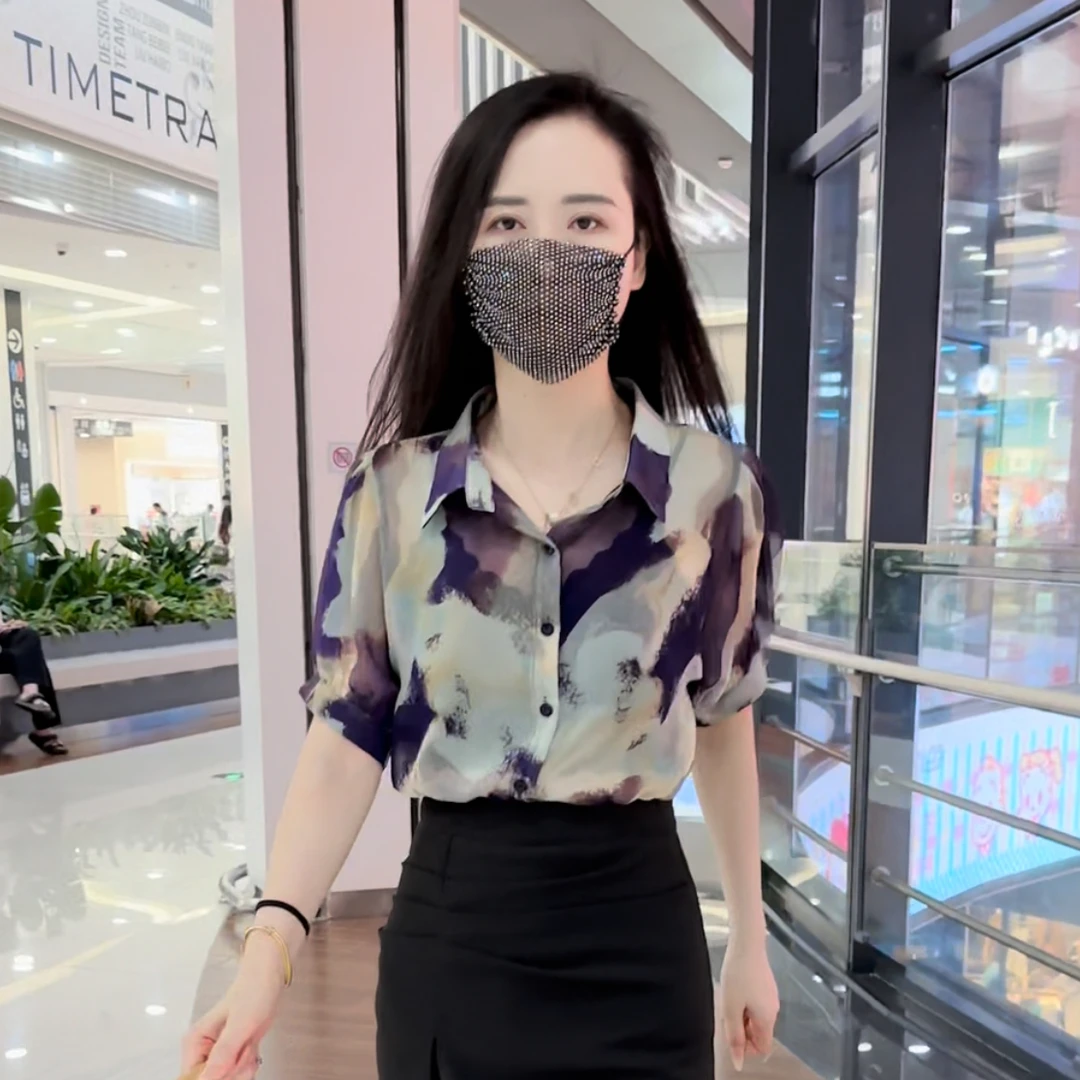 新款时尚气质百搭显瘦设计感印花衬衫上衣