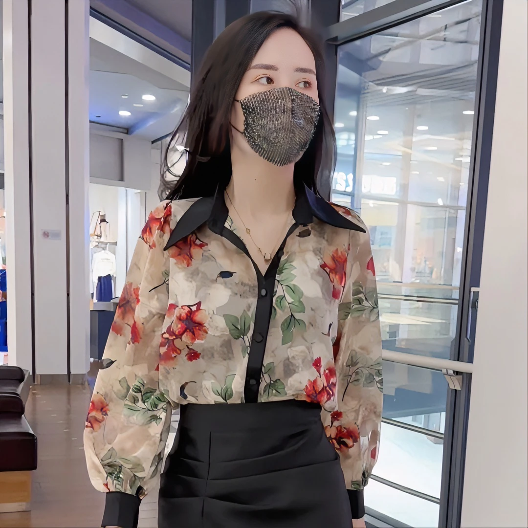 娅娜奴气质感设计法式拼接显瘦百搭印花轻奢衬衫上衣