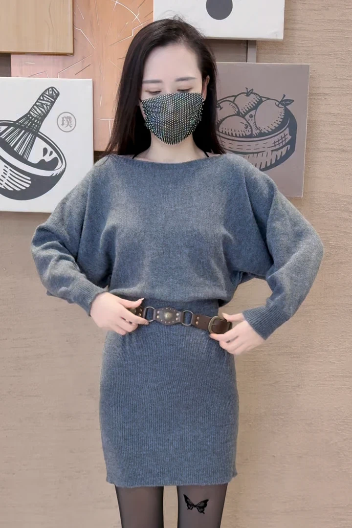 配腰带 新款可拉肩针织毛衣连衣裙包臀裙时尚百搭
