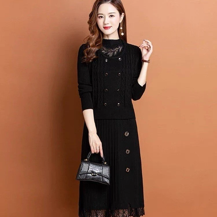 秋冬新款两件套针织连衣裙时尚宽松显瘦百搭马甲本命年红色毛衣