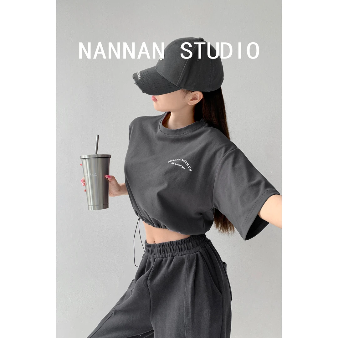 韩舞练习室抽绳收腰纯色短袖T恤女夏季短款高腰辣妹露脐爵士上衣