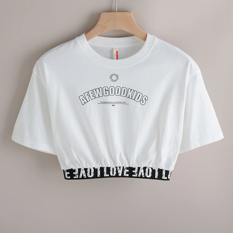 白色爵士风格女装露腰跳舞衣服超a辣妹女团风超短款T恤露脐上衣女